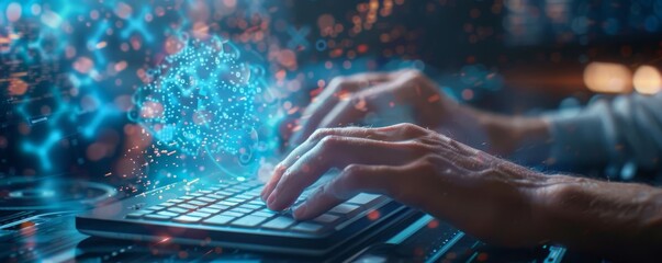 Hands of cybersecurity expert typing on keyboard, closeup, holographic antivirus software interface.