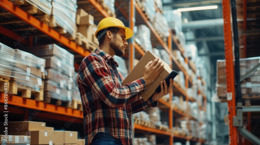 Poster professional project manager hands looking tablet while checking product at warehouse. start up smar