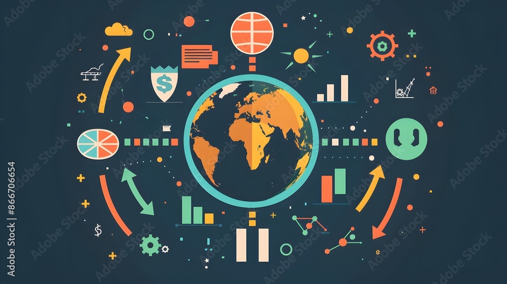 Poster a globe surrounded by investment symbols representing various asset classes and geographical regions
