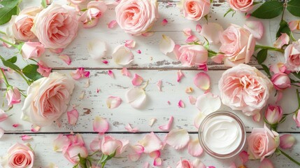 Fototapeta premium Moisturizing with roses on white wooden surface