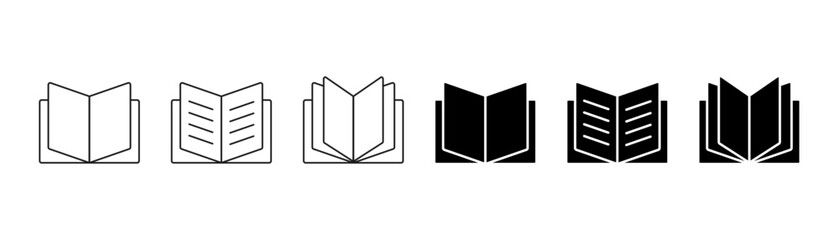 open book vector icon set. study text book pages symbol. brochure or flyer manual sign. library novel publication book icon set.