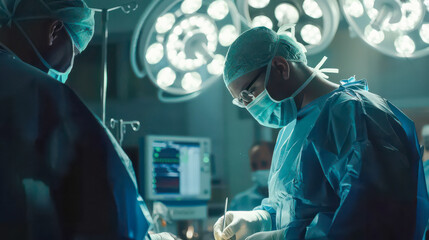 A team of surgeons dressed in sterile outfits performing a complex procedure in a modern operating room. They are surrounded by technologically advanced medical devices, monitors and sterile tools. 
