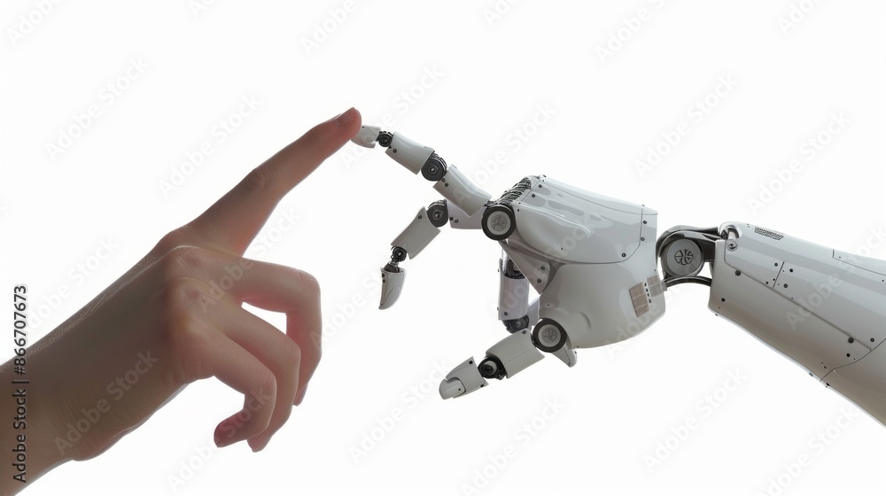 Poster a human hand reaches out to touch the fingertip of a white robotic hand, suggesting a connection bet