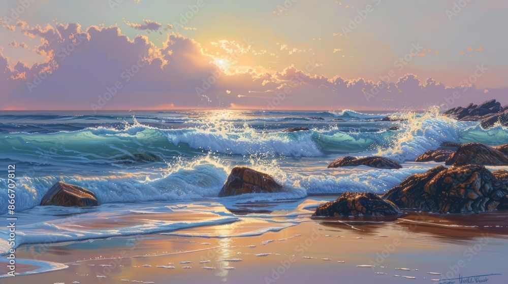 Poster a painting of a beach with a large wave crashing into the shore. generate ai image