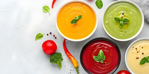 Topdown view of colorful vegetarian soup on a ketopaleo diet menu. Concept Food Photography, Keto Diet, Paleo Diet, Vegetarian Recipes, Colorful Dishes