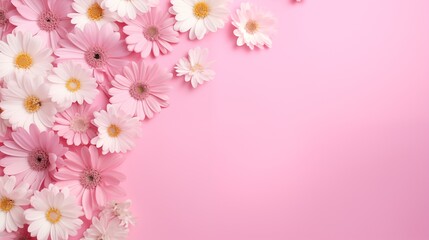 Fototapeta premium Several white and pink flowers - daisies, chrysanthemums, cherry blossom, on a seamless pastel pink background. Top view. Flat lay. Copy space for text.