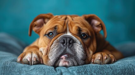 A brown bulldog rests with its paws forward on a cushion, appearing contemplative and serene, reflecting calmness, loyalty, and companionship in a tranquil indoor setting.