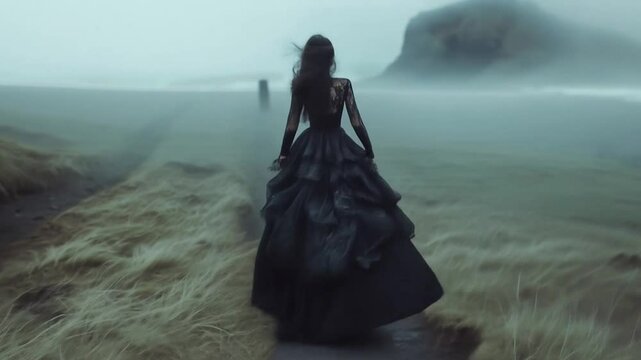 woman in a long, black gothic dress walking outside on a foggy seaside. 