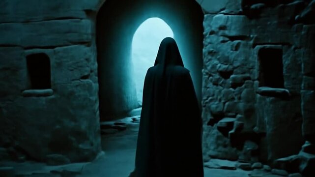 person in a long black cloak holding a lantern walking walking out of the old stone building. 