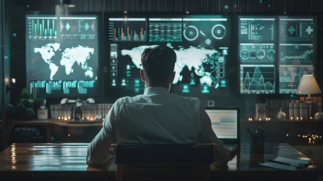 A financial advisor sitting at a desk, strategically allocating investments across different asset classes on a digital interface, with visual representations of stocks, bonds, and cash equivalents op