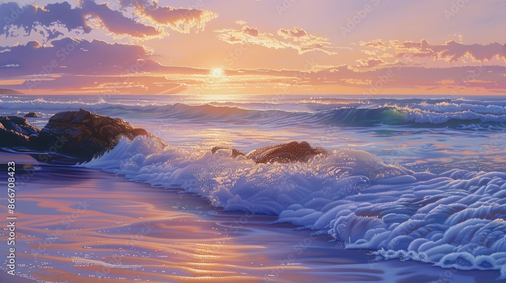 Poster a painting of a beach with a large wave crashing into the shore. generate ai image