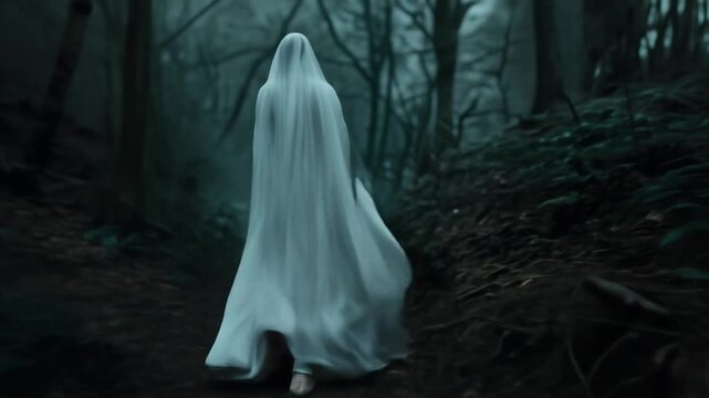 ghostly figure, person in a white cloak walking in the woods. 
