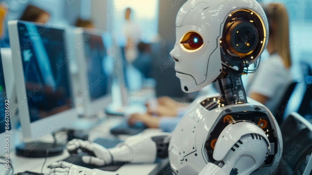 Aufkleber A white robot sits at a computer workstation, its robotic hand hovering over a mouse. The robot is in focus, while the background is blurred, revealing several people working at their own desks