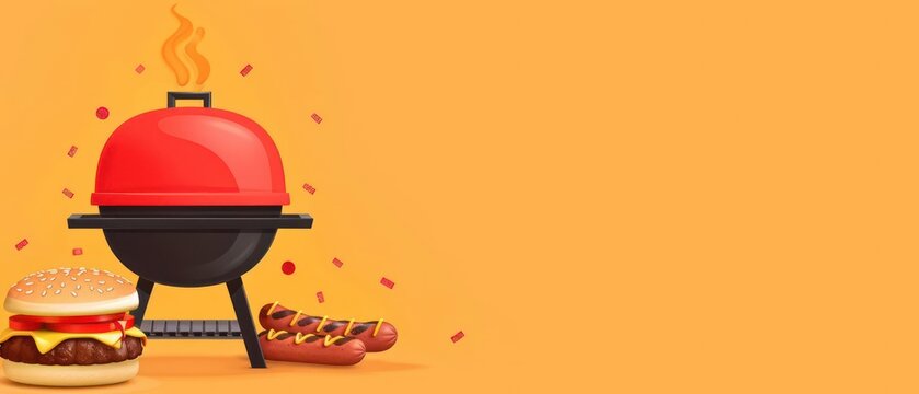 A conceptual illustration of a family barbecue with sizzling grills, hot dogs, and hamburgers, ideal for a festive banner with space for copy