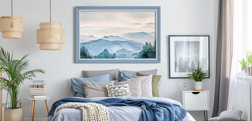 Chic Blue Canvas Frame with Modern Art in a Serene Bedroom with Soft Pastel Decor and Scandinavian Design