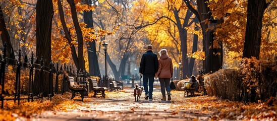 Couple walking with dog in serene forest, surrounded by autumn leaves and trees, experiencing natures beauty AIG62