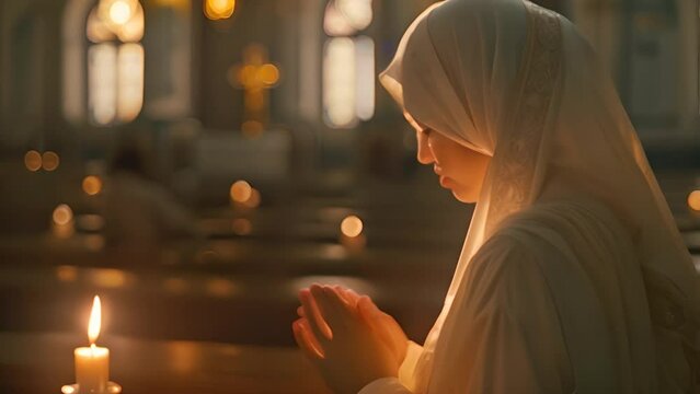 Religious Muslim woman praying in a church