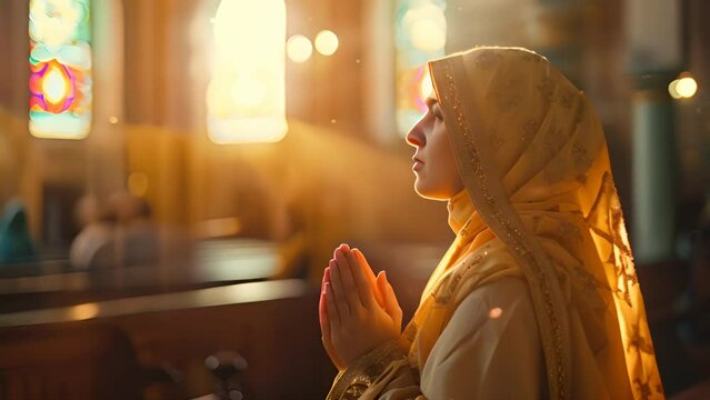 Religious Muslim woman praying in a church