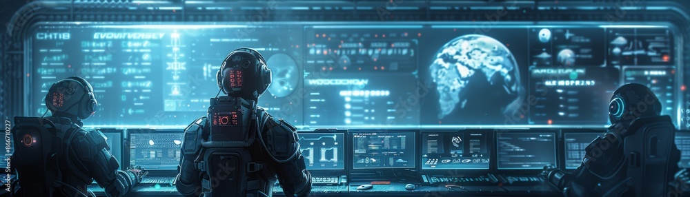 Aufkleber silhouettes of people working in a futuristic control room with large screens displaying data.