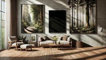 Serene Naturalistic Living Room with Black Frame and Tree Shadows