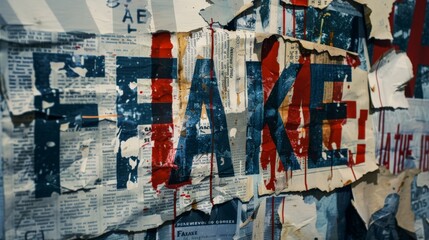 Collage composition of newspaper clippings with the inscription "FAKE" with the effect of worn and torn texture.

