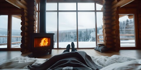Inviting log cabin interior with warm fireplace snowy forest views cozy atmosphere. Concept Cozy Log Cabin, Fireplace, Snowy Forest, Warm Ambiance