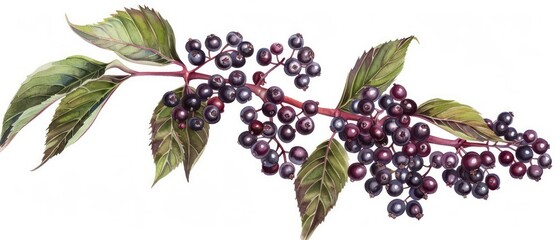 A conceptual watercolor of an elderberry tree with dark purple berries, perfect for a botanical illustration isolated on a white backdrop