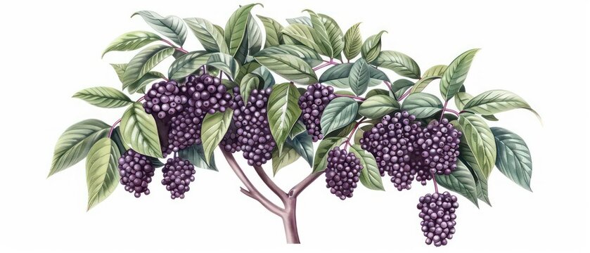 A conceptual watercolor of an elderberry tree with dark purple berries, perfect for a botanical illustration isolated on a white backdrop