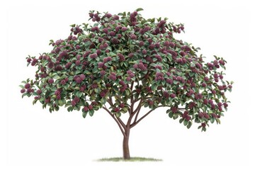 A detailed depiction of a serviceberry tree with clusters of small berries, isolated on a clean white background