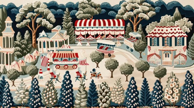 A detailed depiction of a patriotic parade with floats and marching bands, isolated with room for text on a clean backdrop