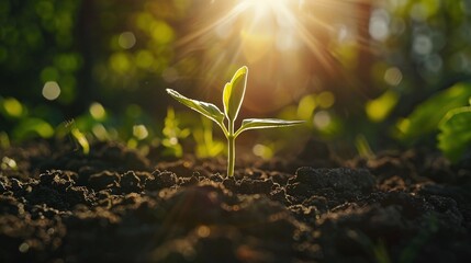 On a spring morning, at dawn, the first small green plant buds sprout from the ground in the dew, under the sunlight. Close up, microscopic photography. Origin of life concept. generative AI