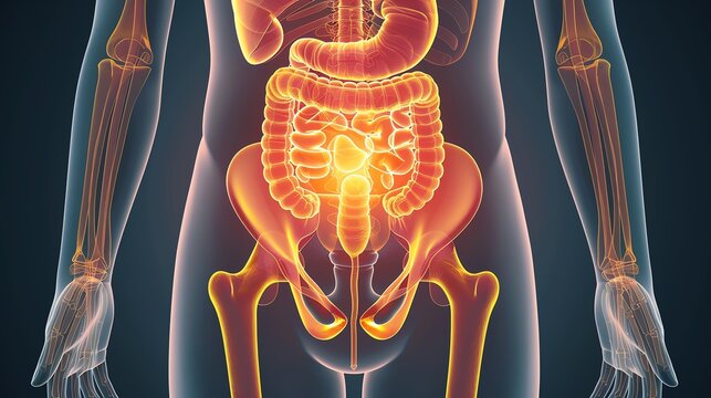 3D-rendered image of the human digestive system highlighting the intestines and other internal organs in an anatomical view.