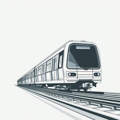 A detailed depiction of a sleek light rail system weaving through an urban landscape, isolated with room for text on a clean backdrop