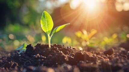 On a spring morning, at dawn, the first small green plant buds sprout from the ground in the dew, under the sunlight. Close up, microscopic photography. Origin of life concept. generative AI