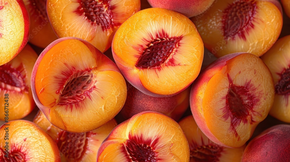 Wall mural An up-close view of halved peaches, displaying their ripe and juicy interior, with a focus on the rich and vivid colors of the fruit's flesh and skin. - Wall murals