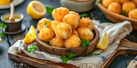 Fried codfish balls on wooden platter with lemon wedges in coastal setting. Concept Seafood Delight, Coastal Cuisine, Gastronomic Adventure, Culinary Delight, Fresh Fish Dish