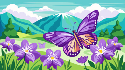 Landscape of purple butterfly on spring flowers and green grass vector illustration