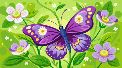Landscape of purple butterfly on spring flowers and green grass vector illustration