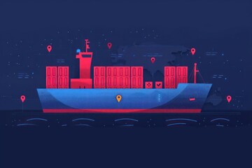 Obraz premium A detailed illustration of a container ship with digital route mapping and logistics icons, perfect for a maritime banner with ample copy space