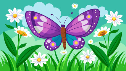 Landscape of purple butterfly on spring flowers and green grass vector illustration