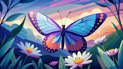 Landscape of purple butterfly on spring flowers and green grass vector illustration
