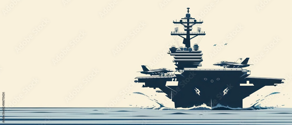 Wall mural A detailed illustration of an aircraft carrier with jets taking off, isolated with room for text on a clean background