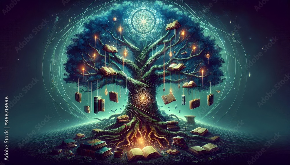 Poster the tree of knowledge: a magical library - a majestic tree adorned with glowing books hangs amidst e