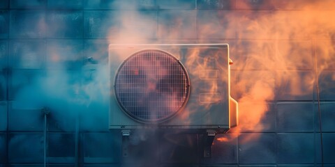 AC unit smoking from overheating dangerous needs immediate repair by HVAC professional. Concept HVAC emergency, smoke from AC unit, overheating danger, repair needed, seek professional help