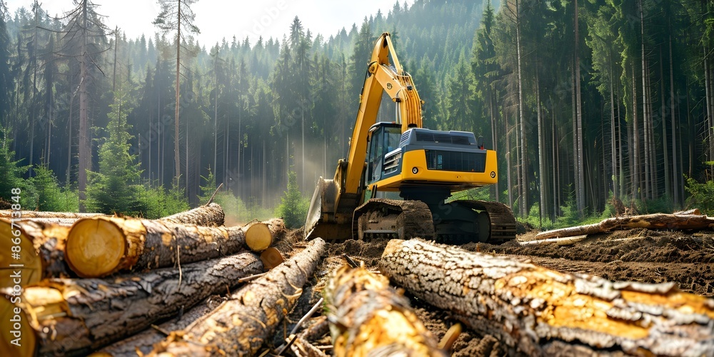 Poster a tree harvester in action during logging operations in the forest. concept forestry, logging, tree 