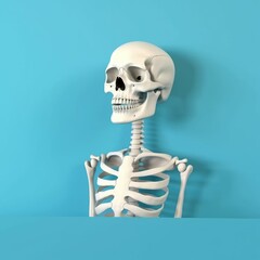 Human skeleton model posing on a blue background. Human bone model standing for medical education with anatomy organ. Anatomical and medical education. Skeletal system or human body parts. AIG35.