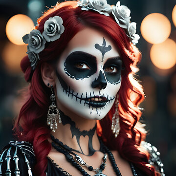 una chica con maquillaje de catrina y pelo rojo hermoso