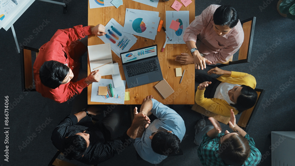 Poster top down view of business people analyzing data and sharing idea about financial chart. top down aer