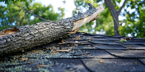 Hurricane damage fallen tree impacts roof insurance may cover repairs. Concept Storm Damage, Fallen Tree, Roof Repairs, Insurance Coverage