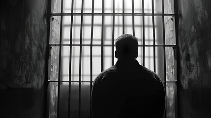 A man is standing in front of a jail cell with bars on the window